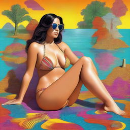 An artistic digital rendering showcasing a woman in her 30s wearing a bikini, with a unique twist