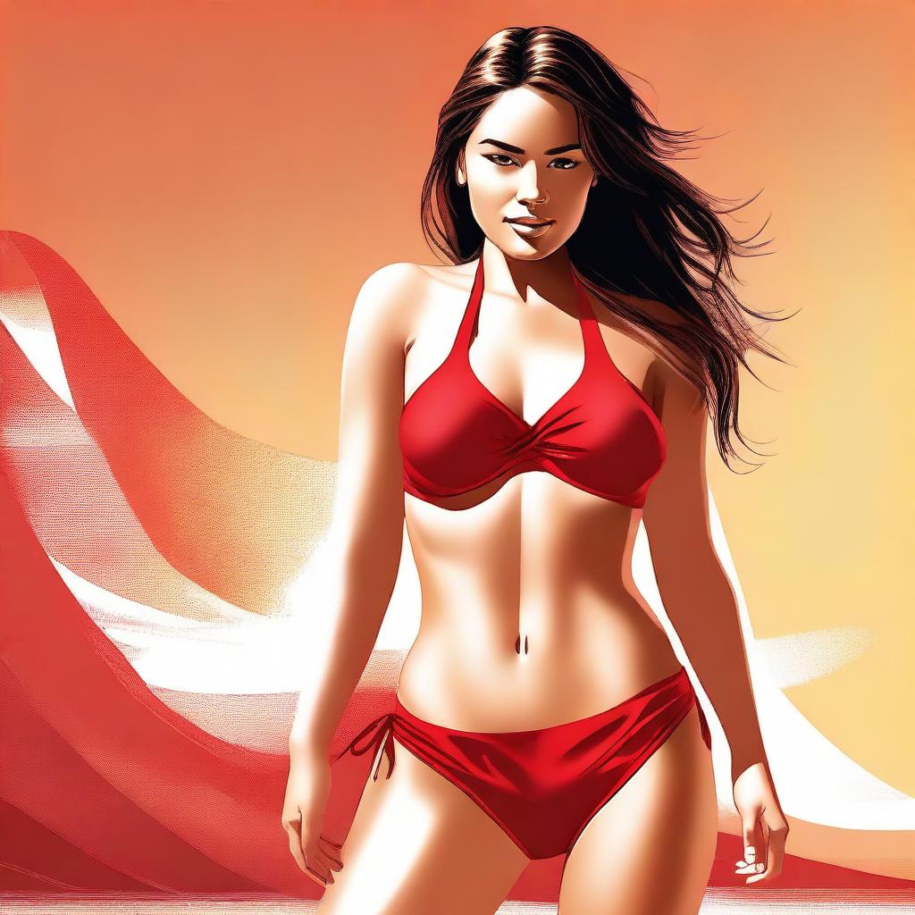 A digital art illustration of a confident young woman donning a vibrant red bikini