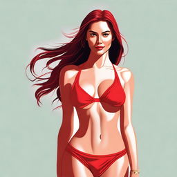 A digital art illustration of a confident young woman donning a vibrant red bikini