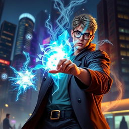 A human mage sorcerer with short hair and glasses, dressed in stylish urban clothing