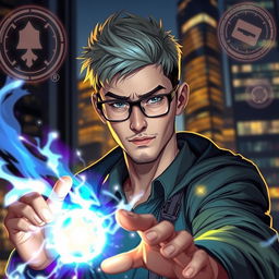 A human mage sorcerer with short hair and glasses, dressed in stylish urban clothing