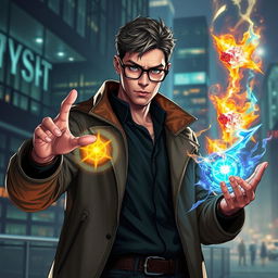 A human mage sorcerer with short hair and glasses, dressed in stylish urban clothing