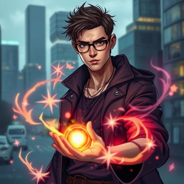 A human mage sorcerer with short hair and glasses, dressed in stylish urban clothing