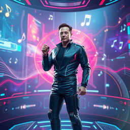 A futuristic scene depicting Elon Musk, dressed in a sleek, high-tech outfit, standing confidently in a cutting-edge music player interface