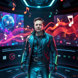 A futuristic scene depicting Elon Musk, dressed in a sleek, high-tech outfit, standing confidently in a cutting-edge music player interface