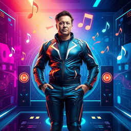 A futuristic scene depicting Elon Musk, dressed in a sleek, high-tech outfit, standing confidently in a cutting-edge music player interface