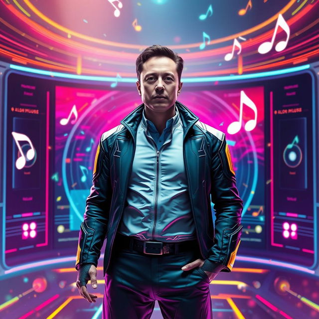 A futuristic scene depicting Elon Musk, dressed in a sleek, high-tech outfit, standing confidently in a cutting-edge music player interface