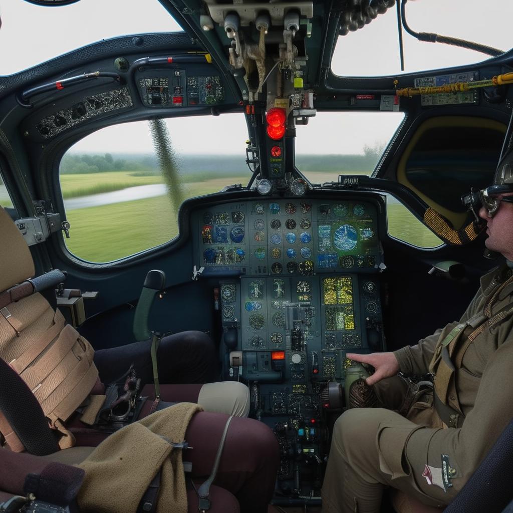 pilot side cockpit of Rambo-style helicopter