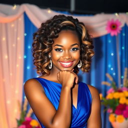 A stunning prom picture featuring a beautiful young woman with rich brown skin and striking features