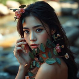 A beautiful young woman posed artistically in a serene environment, showcasing her natural beauty and elegance