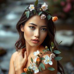 A beautiful young woman posed artistically in a serene environment, showcasing her natural beauty and elegance