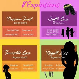 A visually appealing poster that showcases different types of hair extensions available with their respective prices