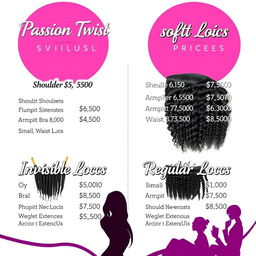 A visually appealing poster that showcases different types of hair extensions available with their respective prices