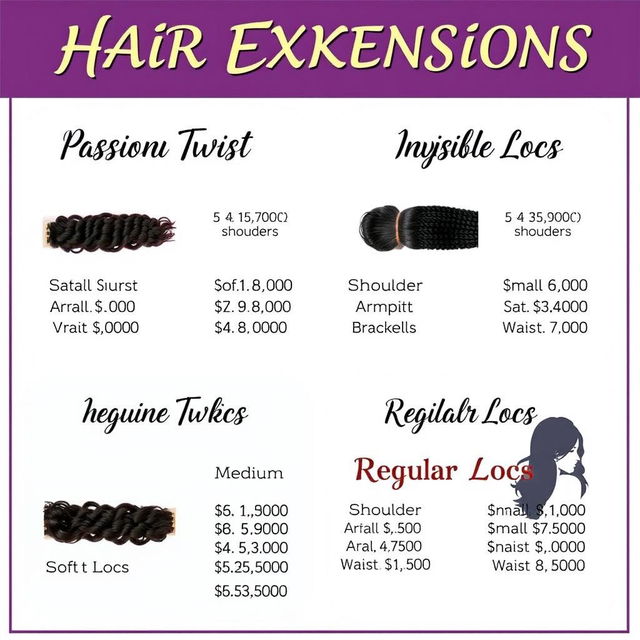 A visually appealing poster that showcases different types of hair extensions available with their respective prices