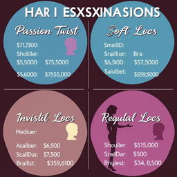 A visually appealing poster that showcases different types of hair extensions available with their respective prices