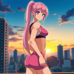 An anime girl with a tall stature, featuring long pink ponytail hair flowing down her back