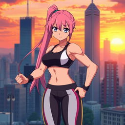 An anime girl with a tall stature, featuring long pink ponytail hair flowing down her back
