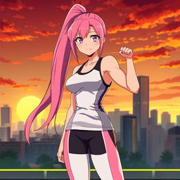 An anime girl with a tall stature, featuring long pink ponytail hair flowing down her back