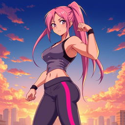 An anime girl with a tall stature, featuring long pink ponytail hair flowing down her back