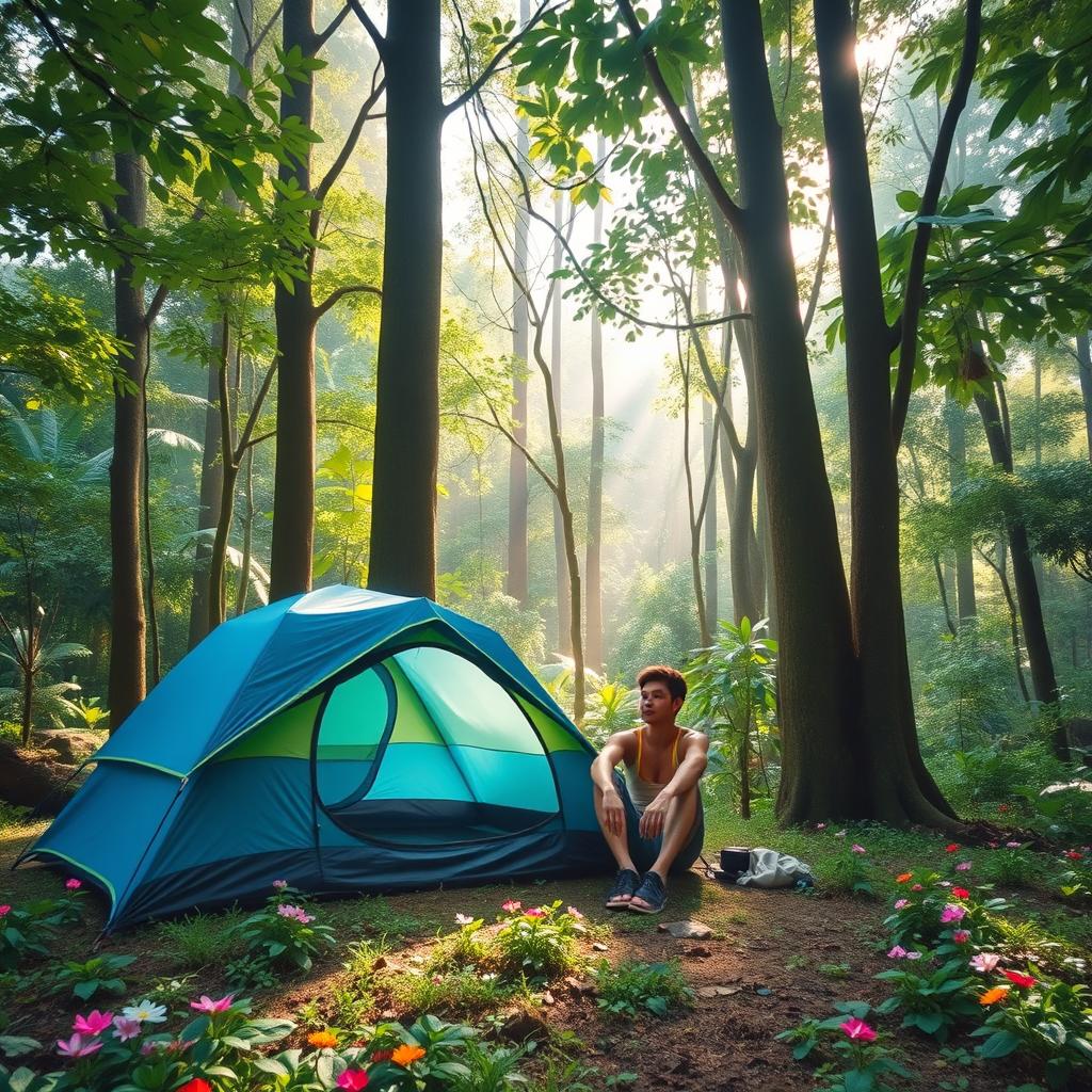 A serene camping scene featuring one person sitting beside a blue and green camping tent in a lush jungle