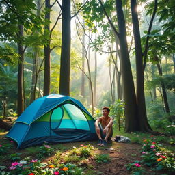 A serene camping scene featuring one person sitting beside a blue and green camping tent in a lush jungle