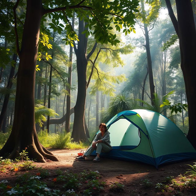 A serene camping scene featuring one person sitting beside a blue and green camping tent in a lush jungle