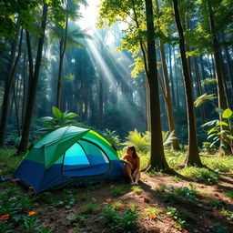 A serene camping scene featuring one person sitting beside a blue and green camping tent in a lush jungle