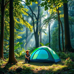 A serene camping scene featuring one person sitting beside a blue and green camping tent in a lush jungle