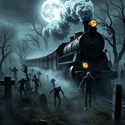 A chilling scene of a ghostly train, known as the 'Death Train', traveling through a sprawling, eerie cemetery
