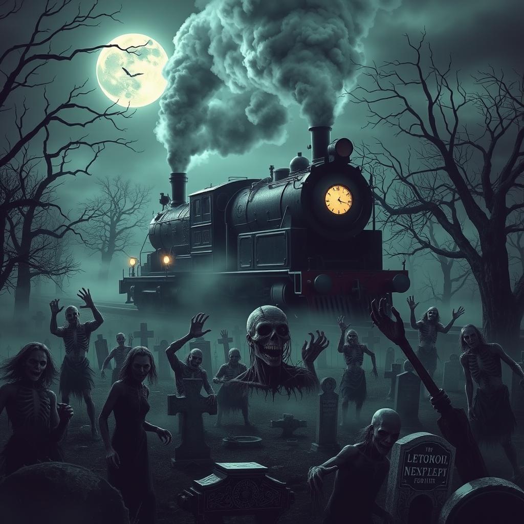 A chilling scene of a ghostly train, known as the 'Death Train', traveling through a sprawling, eerie cemetery