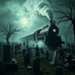A chilling scene of a ghostly train, known as the 'Death Train', traveling through a sprawling, eerie cemetery