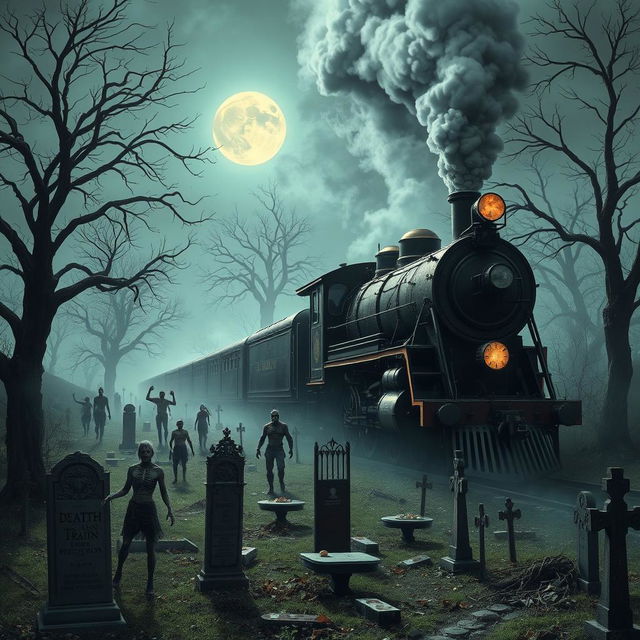 A chilling scene of a ghostly train, known as the 'Death Train', traveling through a sprawling, eerie cemetery