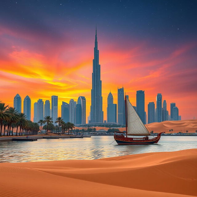 A stunning landscape of the United Arab Emirates, showcasing the iconic skyline of Dubai with its breathtaking skyscrapers like the Burj Khalifa, set against a vibrant sunset sky that casts beautiful hues of orange and pink