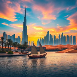 A stunning landscape of the United Arab Emirates, showcasing the iconic skyline of Dubai with its breathtaking skyscrapers like the Burj Khalifa, set against a vibrant sunset sky that casts beautiful hues of orange and pink