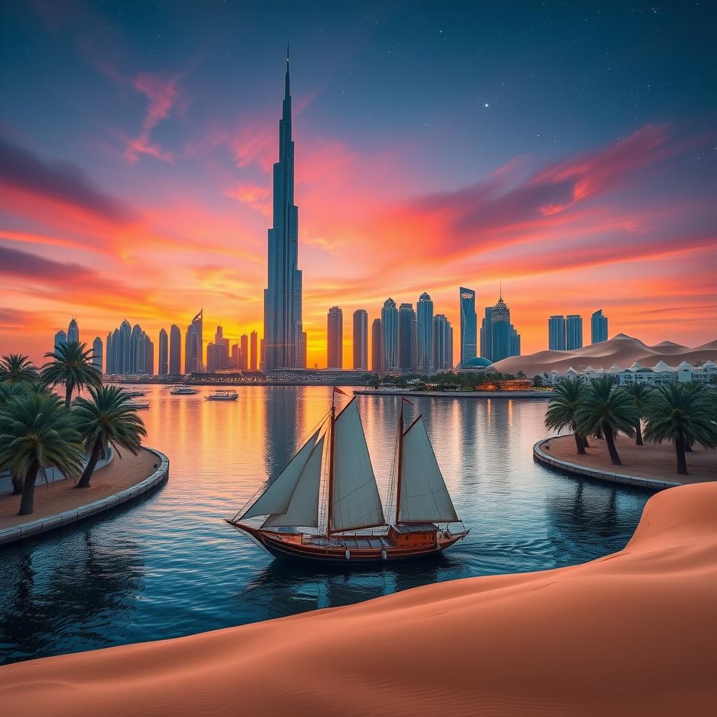 A stunning landscape of the United Arab Emirates, showcasing the iconic skyline of Dubai with its breathtaking skyscrapers like the Burj Khalifa, set against a vibrant sunset sky that casts beautiful hues of orange and pink