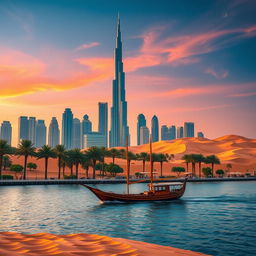 A stunning landscape of the United Arab Emirates, showcasing the iconic skyline of Dubai with its breathtaking skyscrapers like the Burj Khalifa, set against a vibrant sunset sky that casts beautiful hues of orange and pink