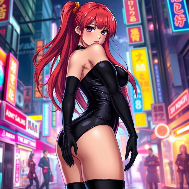 a sexy anime girl with long, flowing red hair and a voluptuous figure, dressed in a tight black latex bodysuit that highlights her curves