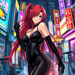 a sexy anime girl with long, flowing red hair and a voluptuous figure, dressed in a tight black latex bodysuit that highlights her curves