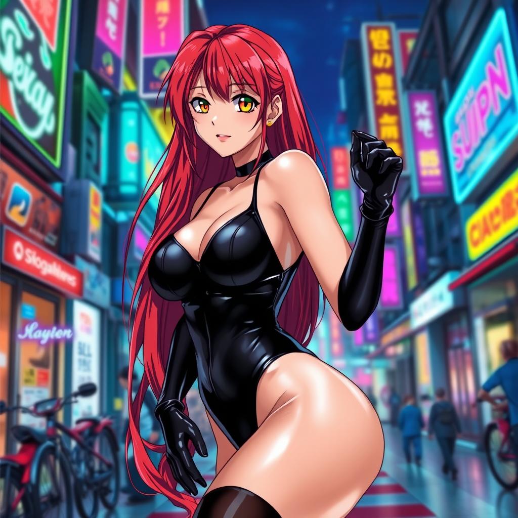 a sexy anime girl with long, flowing red hair and a voluptuous figure, dressed in a tight black latex bodysuit that highlights her curves