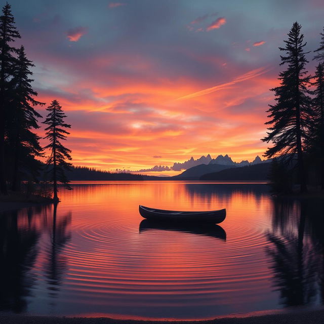 A beautiful, serene landscape featuring a vibrant sunset over a calm lake, with silhouettes of tall pine trees framing the scene on either side