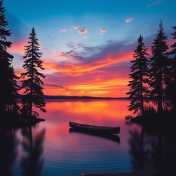 A beautiful, serene landscape featuring a vibrant sunset over a calm lake, with silhouettes of tall pine trees framing the scene on either side