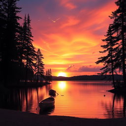 A beautiful, serene landscape featuring a vibrant sunset over a calm lake, with silhouettes of tall pine trees framing the scene on either side