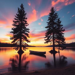 A beautiful, serene landscape featuring a vibrant sunset over a calm lake, with silhouettes of tall pine trees framing the scene on either side