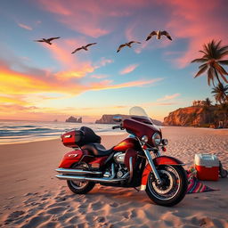 A vibrant scene of a touring motorcycle parked on a sandy beach during sunset, the sky painted in hues of orange, pink, and purple