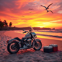 A vibrant scene of a touring motorcycle parked on a sandy beach during sunset, the sky painted in hues of orange, pink, and purple