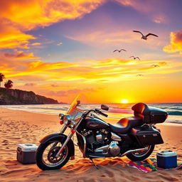 A vibrant scene of a touring motorcycle parked on a sandy beach during sunset, the sky painted in hues of orange, pink, and purple
