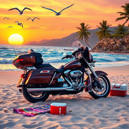 A vibrant scene of a touring motorcycle parked on a sandy beach during sunset, the sky painted in hues of orange, pink, and purple