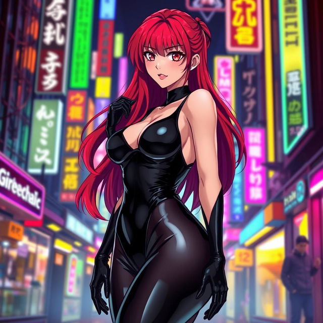 a sexy anime girl with long, cascading red hair and a voluptuous figure, wearing a sleek black latex bodysuit that accentuates her curves