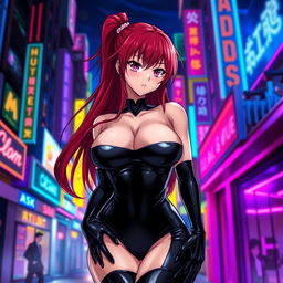 a sexy anime girl with long, cascading red hair and a voluptuous figure, wearing a sleek black latex bodysuit that accentuates her curves