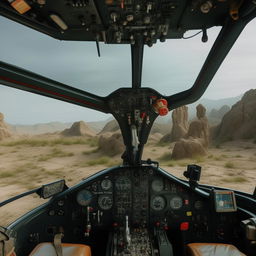 pilot side cockpit of Rambo-style helicopter